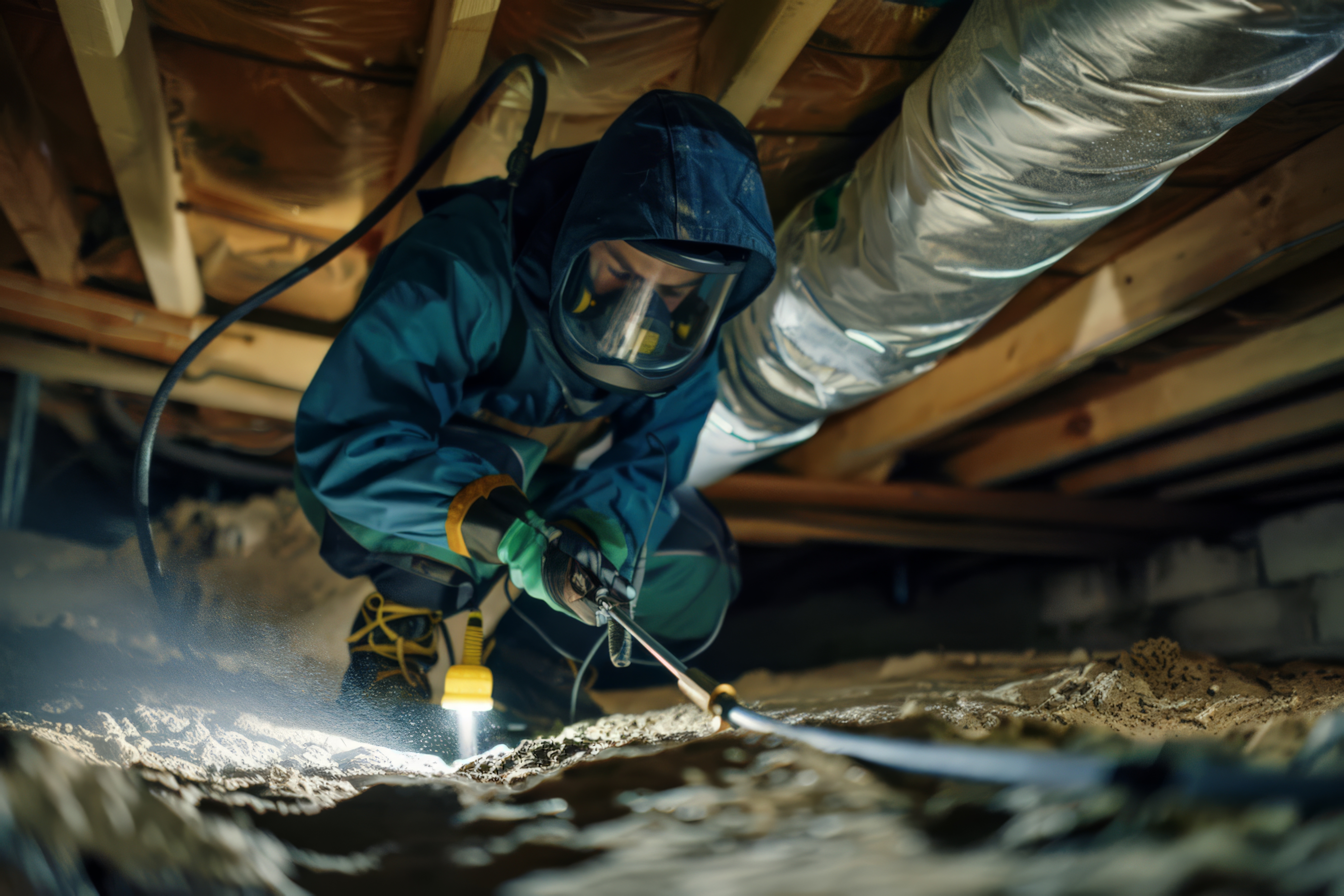 A dedicated professional examines a crawl space with a flashlight, showcasing commitment to safety and thorough inspection in a confined, dimly lit area.