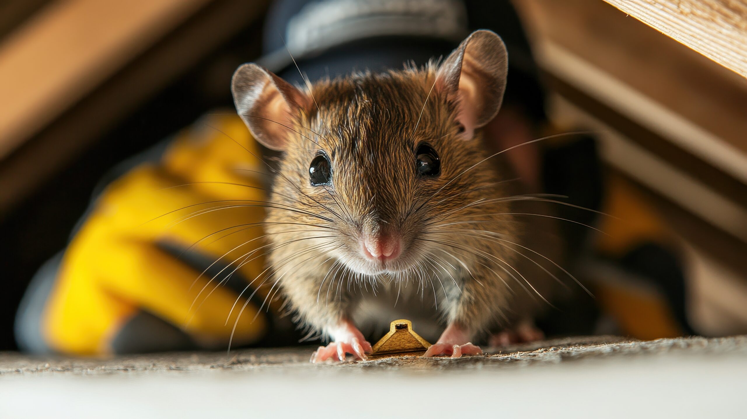 Close-up of a brown rat near a trap. Illustrates pest control, rodent infestation.