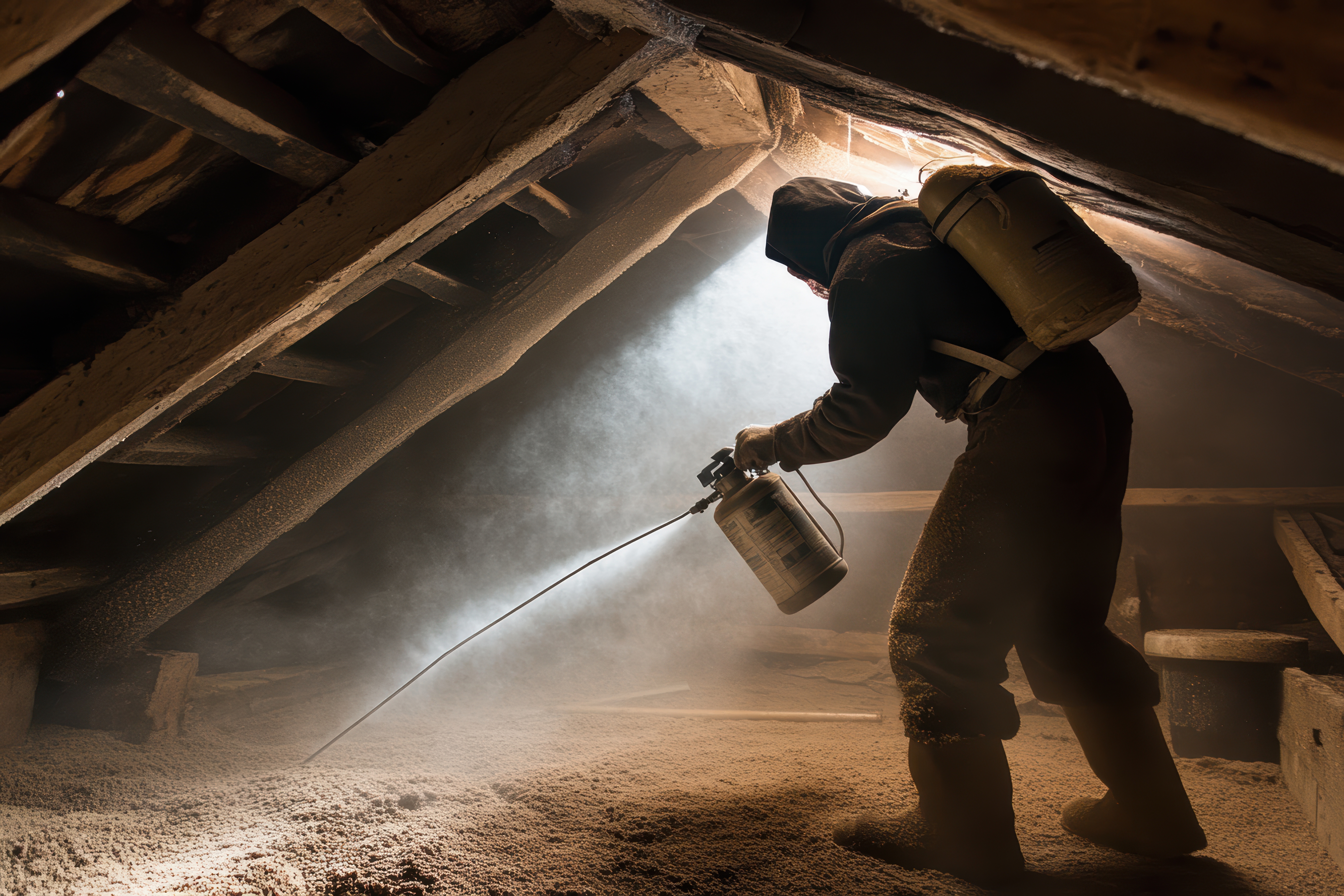 A dedicated worker applies pesticide in a dimly lit attic, showcasing the diligence and skill needed for effective pest control in a challenging environment.