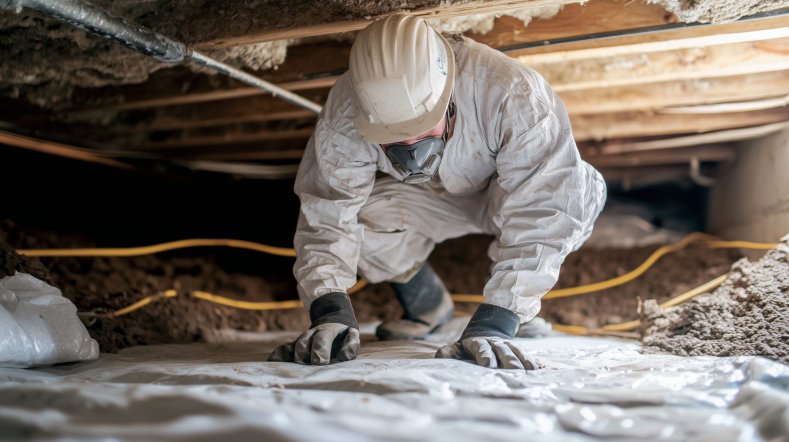 Worker in protective gear sealing crawl space for pest prevention.