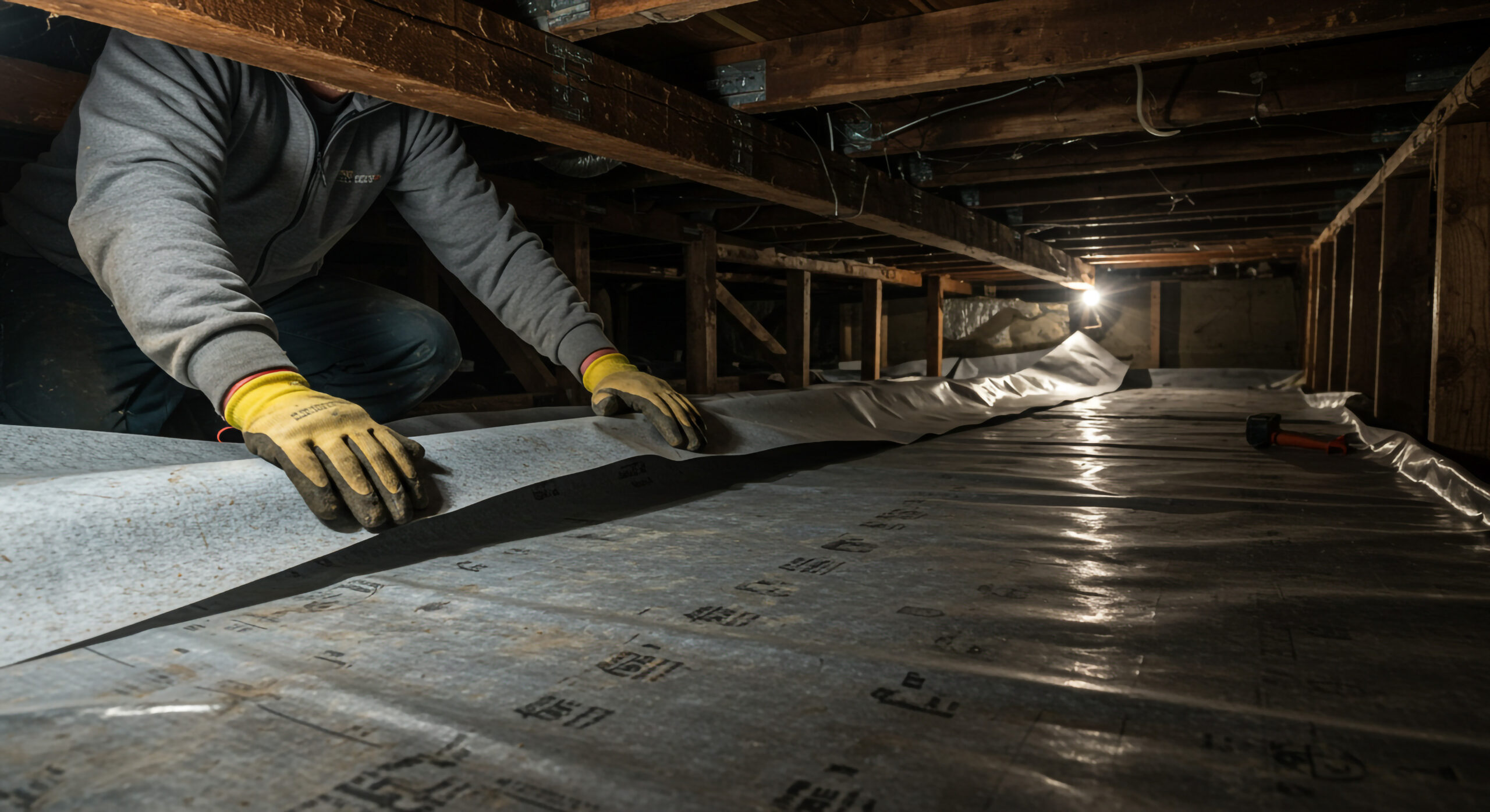 A determined worker carefully lays protective vapor barrier sheeting in a dimly lit crawl space, creating a moisture barrier for a healthier home environment under low beams.