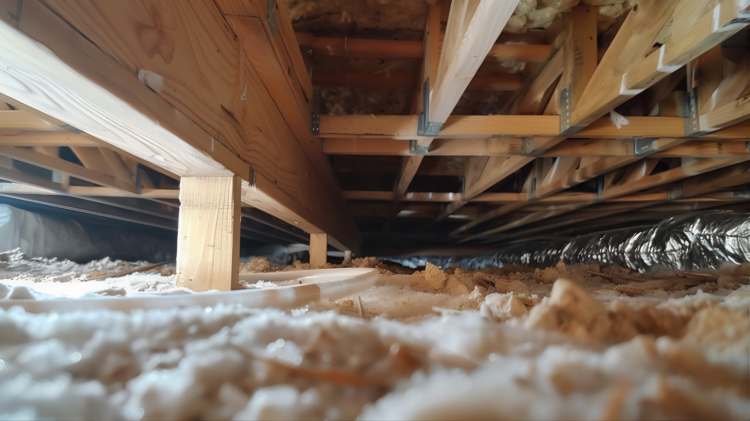 Vapor barrier beams in a structure crawl space for moisture control. Damp proofing encapsulation, air sealing home. Floor joist basement crawl space vapor barrier. Home furnace in basement crawl space