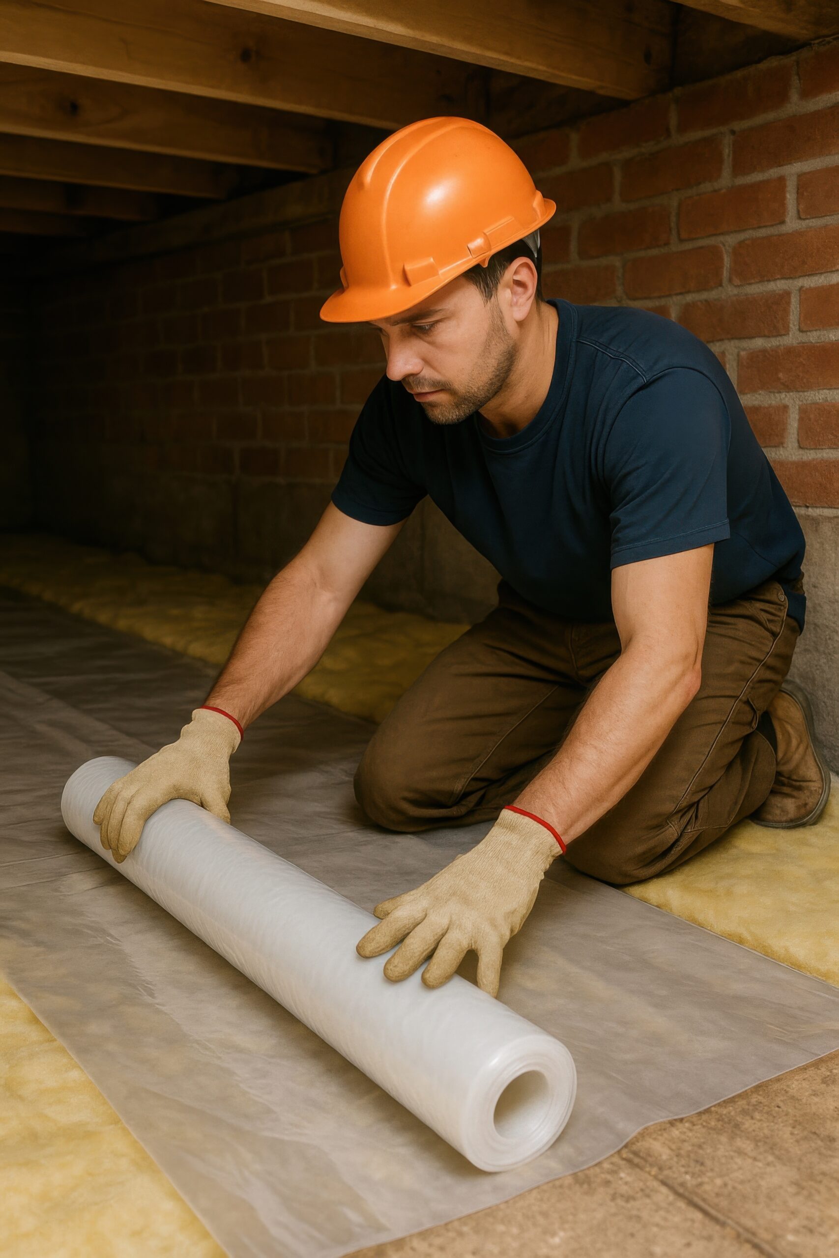 Construction worker in orange helmet and gloves installing plastic vapor barrier on crawl space floor. Brick walls and wood framing. Concept of home insulation and moisture protection