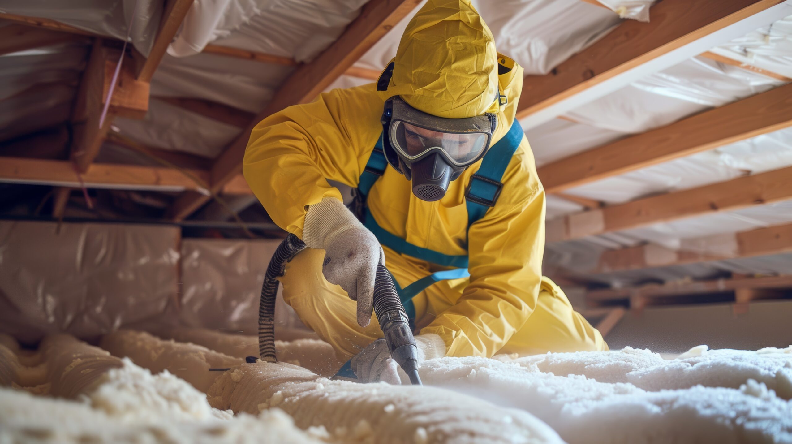 A worker in protective gear vacuuming insulation in an attic, ensuring a clean and safe environment.