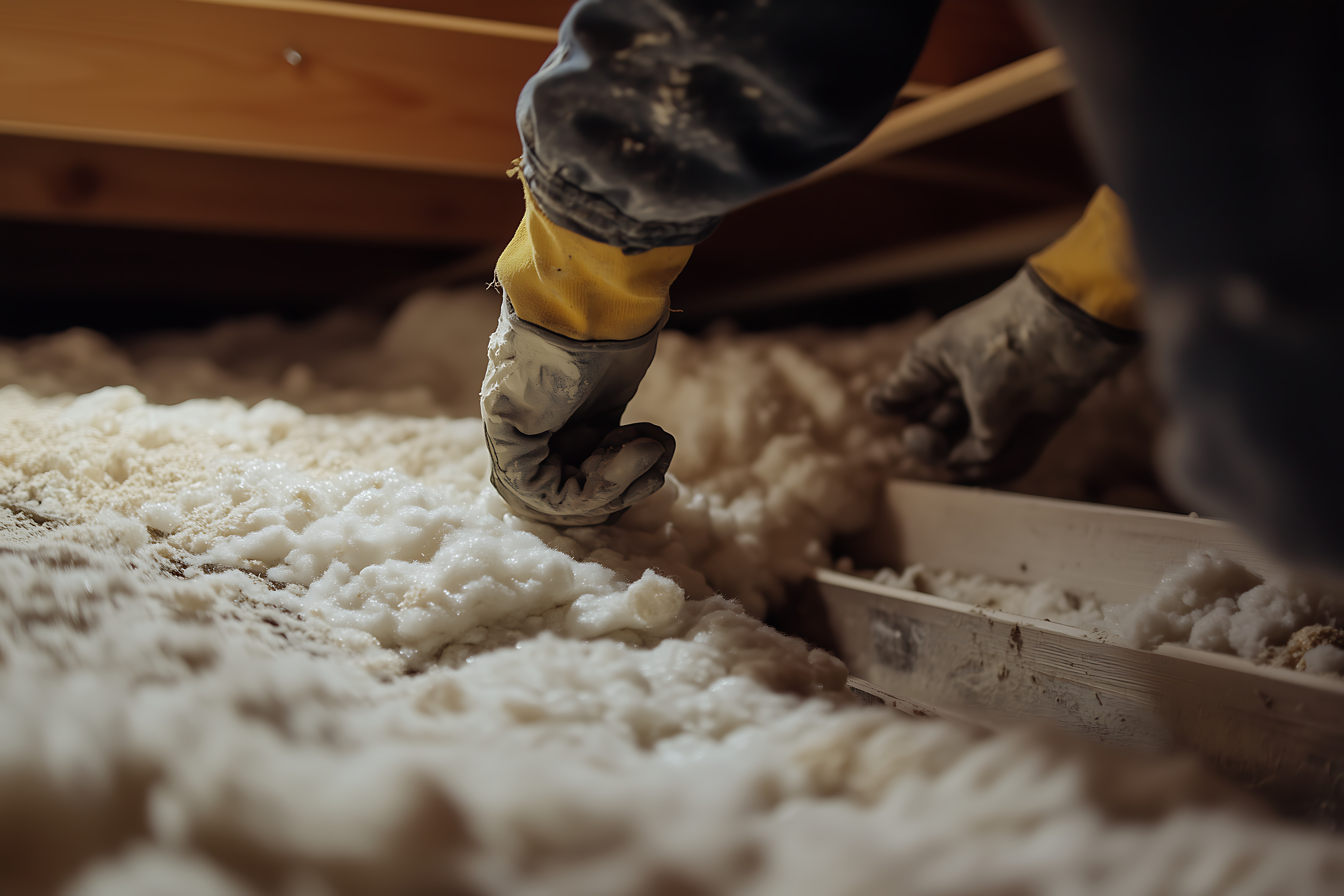 Close-up of a worker handling insulation in a confined space